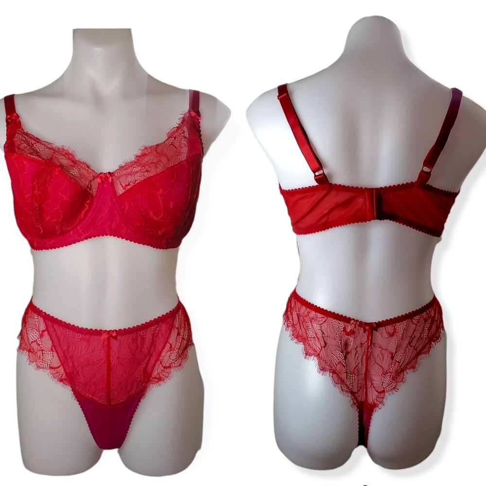 Victoria's secret Vintage Eyelash Lace Demi Bra 40DD, Thong XXL, Bikini Panty XL